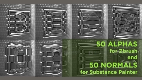 科幻硬表面矩形贴花元素材质合集 50 alphas brush for zbrush and normals decals for substance painter