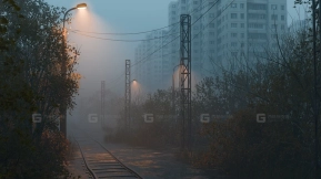 场景-黎明时分的黑暗废弃铁路 - Scene- Dark Abandoned Railroad At Dawn