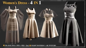 4套女士连衣裙长裙模型 4 Women's Dress Marvelous Designer  4k TexturesSmart material