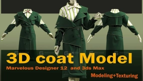 女士绿色时装外套 Green coat modal(Project files  File Marvelous Designer 12 3ds Max 2018 OBJ FBX PDF)+ texture