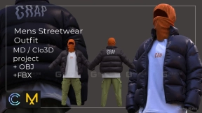 头套羽绒服工装裤子短袖模型 Marvelous Designer  Clo3d project+OBJ+FBX. Mens Streetwear Outfit