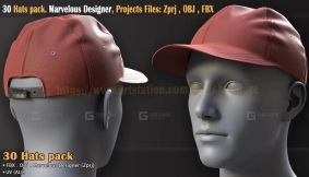 30顶帽子鸭舌帽礼帽厨师帽牛仔帽飞行员帽模型 30 Hats pack. Marvelous Designer, Projects Files Zprj , OBJ , FBX