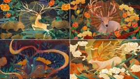 敦煌九色鹿经图壁画彩绘国潮中国风手绘电子海报插画PSD临摹素材