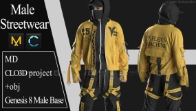 潮流赛博朋克街头时尚套装连帽外套工装裤子模型 Male Streetwear Marvelous Designer