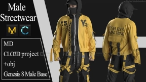 潮流赛博朋克街头时尚套装连帽外套工装裤子模型 Male Streetwear Marvelous Designer