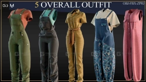 5件女式背带裤连体服牛仔裤模型 5 Overall Outfit (FBX-OBJ-ZPRJ)  