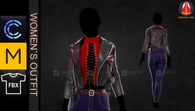 女性紧身牛仔裤长裤+皮夹克上衣 