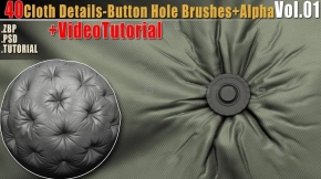 40个布料纽扣塌陷压痕折叠雕刻笔刷 40 Cloth Details - Button Hole Brushes + Alpha Vol01 + Video Tutorial