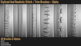 布料缝线接缝针脚笔刷 Stylized & Realistic Stitch  Trim Brush Pack for ZBrush