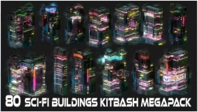 80个赛博朋克建筑楼房模型 80 Sci-Fi Cyberpunk City Building Kitbash Pack