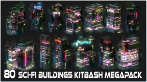 80个赛博朋克建筑楼房模型 80 Sci-Fi Cyberpunk City Building Kitbash Pack