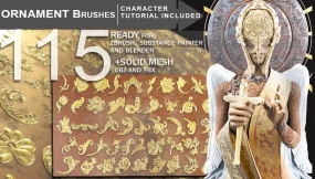 装饰花纹刺绣木雕浮雕笔刷 Zbrush Character Tutorial +115 Ornament Brushes Ready for Blender, Zbrush and Substance Painter