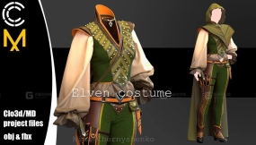 精灵法师游侠披风古代女性衣服模型 Elven costume. Marvelous DesignerClo3d project + OBJ + FBX. MD225