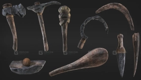 【UE】远古石器时代弓箭斧头镰刀搞锤子武器模型 Primitive tools