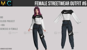 女性时尚长袖衬衫长裤耐克运动束脚裤模型 Female Streetwear Outfit #6 Marvelous Designer Project  +.obj