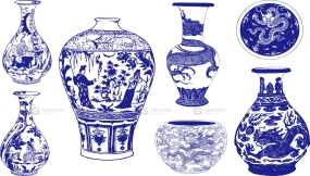 古典青花瓷器图案花鸟纹样矢量素材