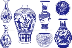 古典青花瓷器图案花鸟纹样矢量素材