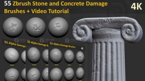 55种破损岩石裂纹石头墙壁缝隙笔刷 55 Zbrush Stone and Concrete Damage Brushes + Video Tutorial