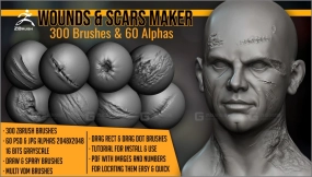 伤口与疤痕制作工具：300款ZBrush笔刷及60款Alpha贴图 - Wounds and Scars Maker 300 ZBrush Brushes And 60 Alphas