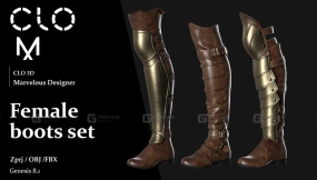 女性靴子套装Marvelous Designer Clo3D项目文件含OBJ和FBX格式 Female boots set Marvelous DesignerClo3D project file + OBJ, FBX