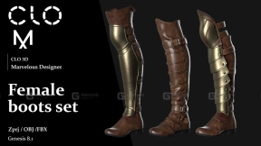 女性靴子套装Marvelous Designer Clo3D项目文件含OBJ和FBX格式 Female boots set Marvelous DesignerClo3D project file + OBJ, FBX