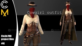 西部牛仔靴子皮衣风衣面罩配饰模型 Cowgirl outfit. Marvelous DesignerClo3d project + OBJ