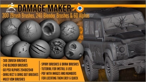 Damage Maker 300 ZBrush笔刷 240 Blender笔刷 60 Alpha贴图 - Damage Maker 300 ZBrush Brushes 240 Blender Brushes and 60 Alphas