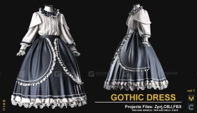 哥特式连衣裙子 GOTHIC DRESS (MARVELOUS DESIGNER AND CLO3D)ZPRJ, OBJ, FBX,UV