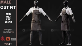男士围裙裤子工装套装模型 Male Outfit -VOL01  Clo3d(MD) ProJect + Sbsar File (The project is baked) 