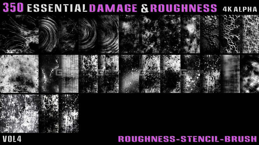 脏污划痕破损mask 350 Essential Damage & Roughness Alpha _材质贴图_资源素材_西基杂货铺