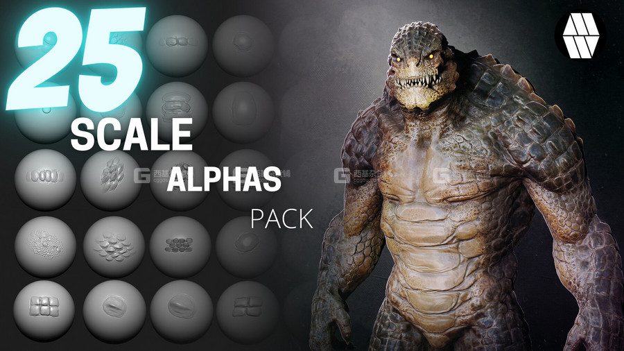爬行动画皮肤深度贴图素材 25 Scale Alphas – Custom made Reptile Alphas to use in ZBrush_00002.jpg