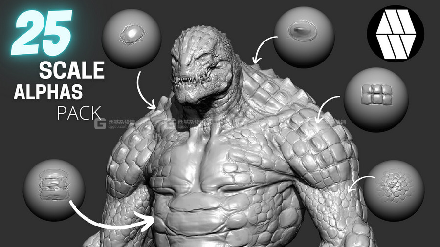 爬行动画皮肤深度贴图素材 25 Scale Alphas – Custom made Reptile Alphas to use in ZBrush_00006.jpg