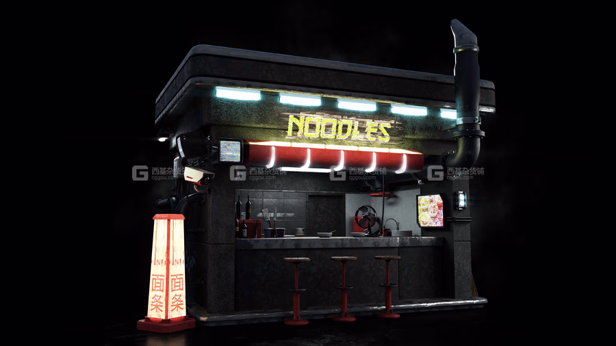 未来科幻赛博朋克商店楼房摊位建筑模型套件(C4DFBXOBJMAXMayaBlenderHoudiniUnityUnreal等格式) KitBash3D Cyber Streets_06.avif