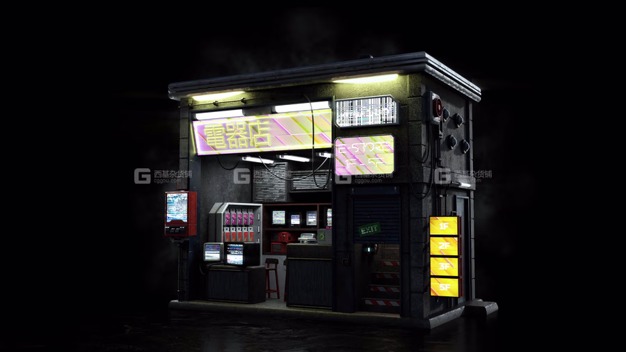 未来科幻赛博朋克商店楼房摊位建筑模型套件(C4DFBXOBJMAXMayaBlenderHoudiniUnityUnreal等格式) KitBash3D Cyber Streets_19.avif