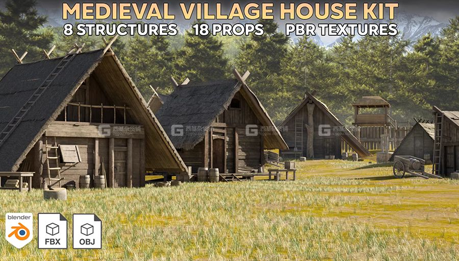 3D模型中世纪木屋建筑道具模型 Medieval Village Kitbash (BlenderMAXFBXOBJ等格式)_06.jpg