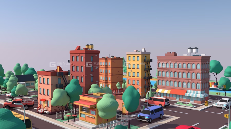 低多边形卡通楼房场景3D模型 CGTrader – Cartoon Low Poly American Dream City Pack (C4DMAXOBJFBX格式)_28.avif