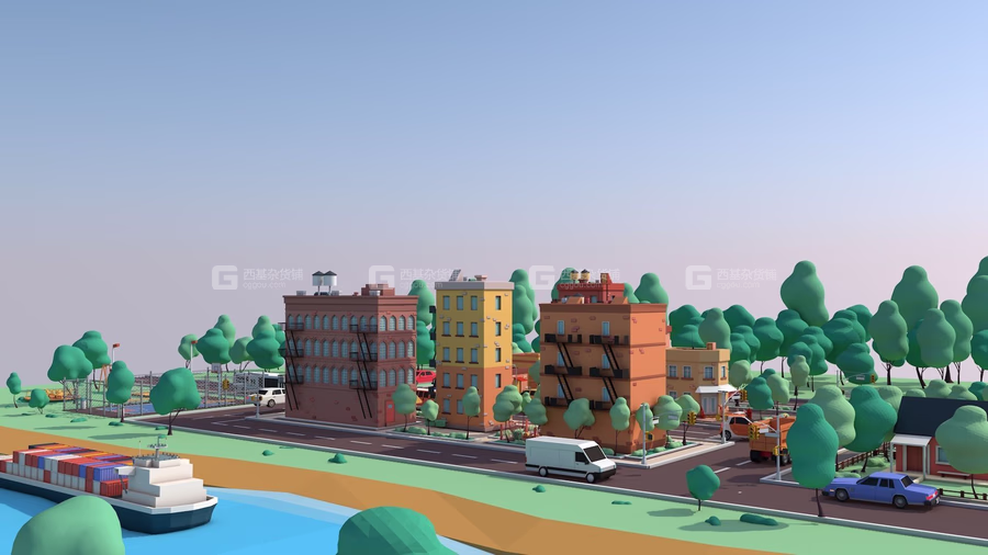 低多边形卡通楼房场景3D模型 CGTrader – Cartoon Low Poly American Dream City Pack (C4DMAXOBJFBX格式)_25.avif