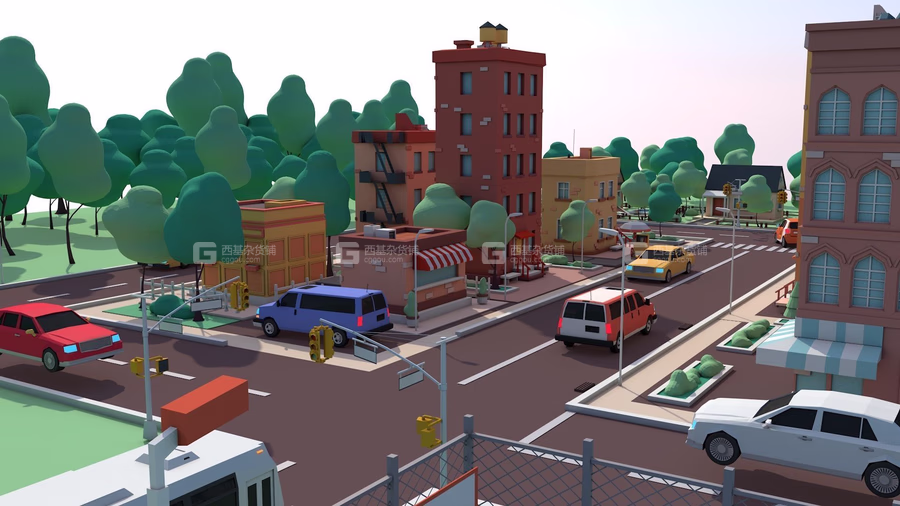 低多边形卡通楼房场景3D模型 CGTrader – Cartoon Low Poly American Dream City Pack (C4DMAXOBJFBX格式)_24.avif