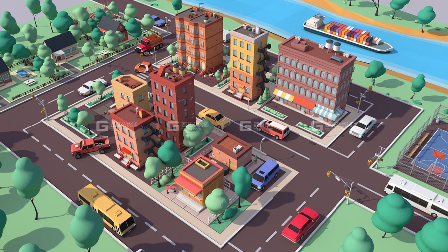 低多边形卡通楼房场景3D模型 CGTrader – Cartoon Low Poly American Dream City Pack (C4DMAXOBJFBX格式)_19.avif