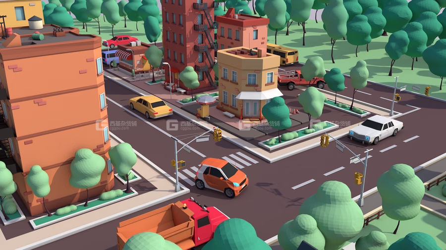 低多边形卡通楼房场景3D模型 CGTrader – Cartoon Low Poly American Dream City Pack (C4DMAXOBJFBX格式)_11.avif