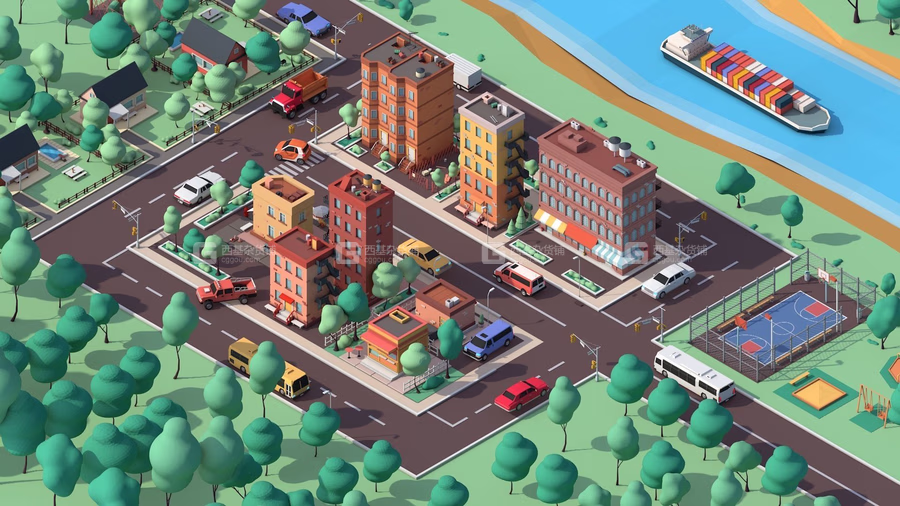 低多边形卡通楼房场景3D模型 CGTrader – Cartoon Low Poly American Dream City Pack (C4DMAXOBJFBX格式)_14.avif